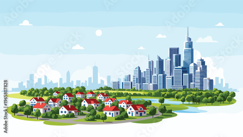 Comparative landscape showing a modern city with high-rise skyscrapers next to a green suburban neighborhood with small houses.