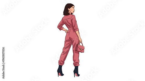 Back view of a stylish woman wearing a pink jumpsuit, high heel boots, and carrying a small luxury handbag against a white background.