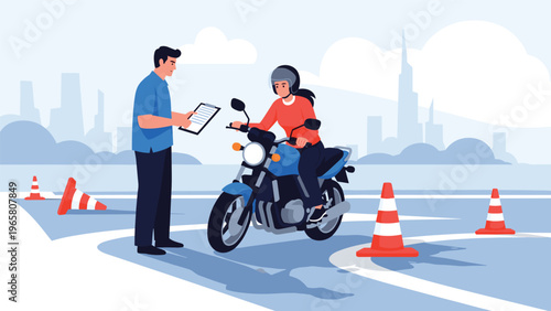 Professional instructor with a clipboard giving a motorcycle driving lesson to a woman student on a training ground with cones.