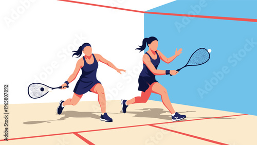 Action scene of two women playing squash in a court with rackets and balls while moving dynamically to hit the ball.