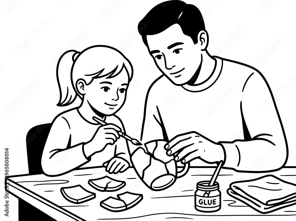 Fototapeta premium Father teaching daughter to repair broken mug with glue