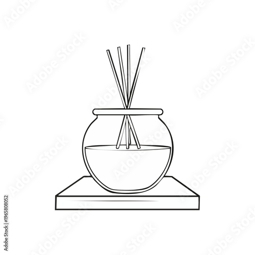 Aromatherapy reed diffuser with sticks releasing fragrance from liquid in glass jar on shelf