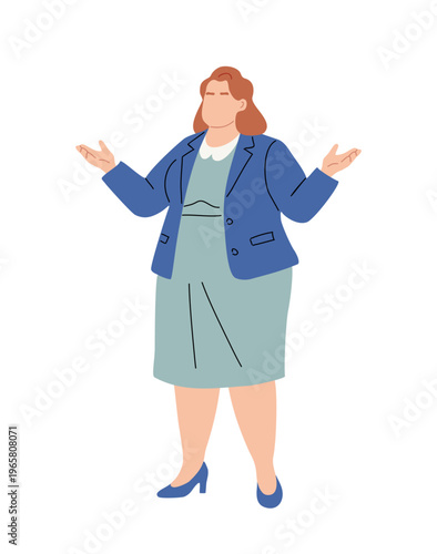 Plus size Woman gestures with open hands, appearing puzzled or surprised. She wears a blue jacket, teal dress, and matching heels. Her expression conveys confusion or exasperation
