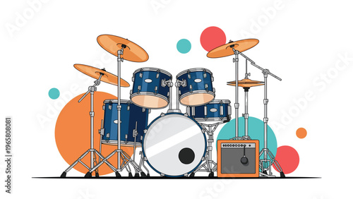 Professional blue acoustic drum set including bass drum, tom-toms, snare, and cymbals with an amplifier on a background of colorful circles.