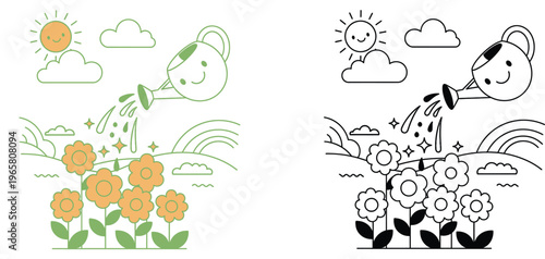 Cute Watering Can Watering Flowers Coloring Page for Kids, Garden Landscape with Sun Rainbow and Clouds, Spring Nature Illustration Vector for Kids Educational Activity and Fun
