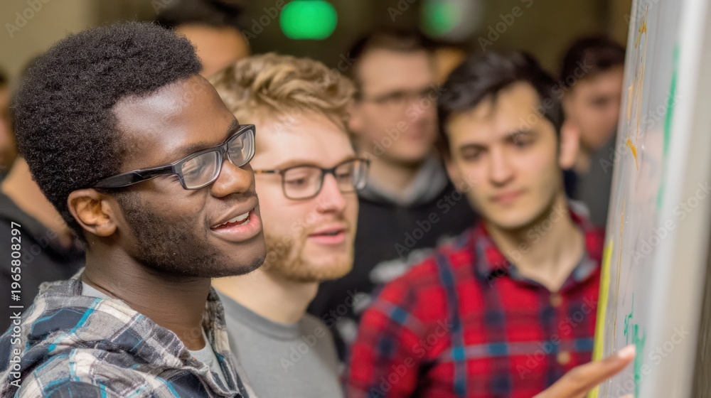 Obraz premium Evening test prep session shows a diverse group engaged in strategy drills with a young man in sharp focus explaining a problem on a whiteboard.