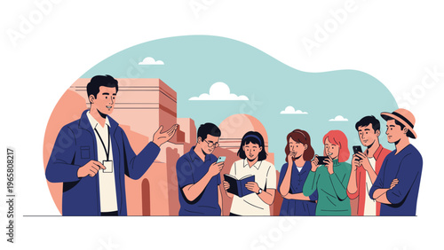 Professional tour guide wearing a blue jacket explains local history to a diverse group of tourists at an ancient site.