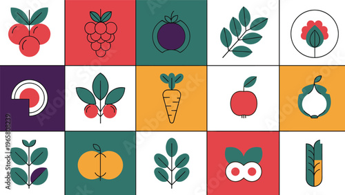 Abstract geometric grid showcasing minimalist line art icons of various fruits and vegetables in a colorful palette.