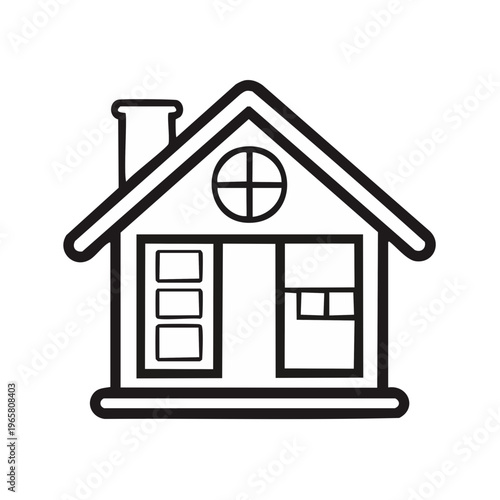 Simple line drawing of a detached house with a chimney and a round window