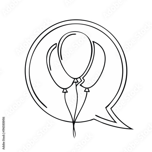 Hand-drawn black and white icon of speech bubble with balloons inside symbolizing celebration and communication