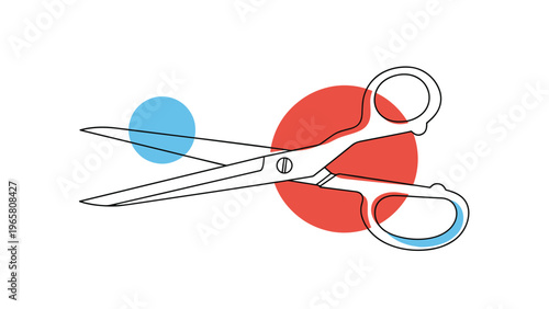 Large pair of open silver scissors with black handles shown over blue and red circles on a white background.