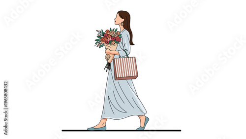 Graceful woman in a long blue dress walks while carrying a large bouquet of flowers and a brown striped tote bag.