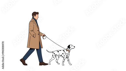 Man in a stylish brown overcoat and dark pants walks his dalmatian dog on a leash across a white background.