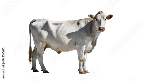Pale cow with a pink nose standing looking forward isolated on transparent background, ideal for farm animal themes