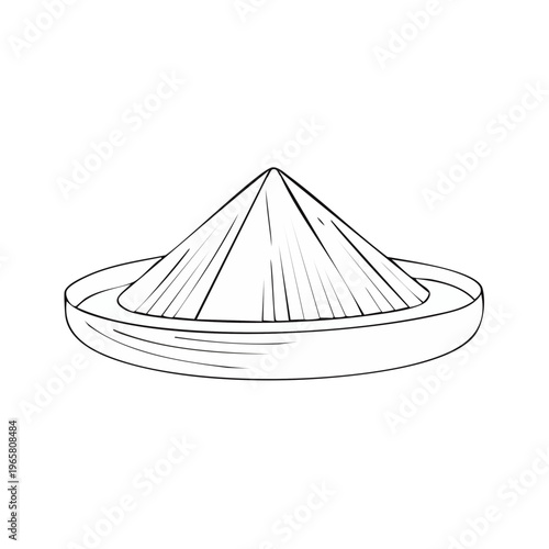 Hand drawn outline of a conical Asian straw hat with a wide brim