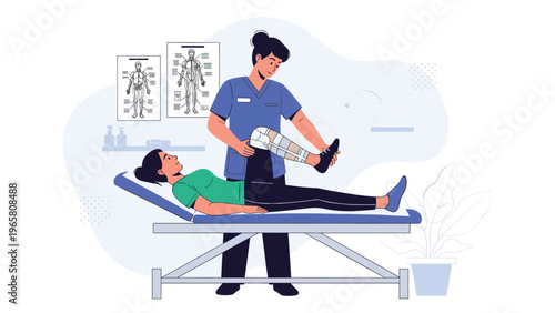 Professional physiotherapist in blue scrubs assists a patient with leg exercises on a medical bed in a bright clinic.