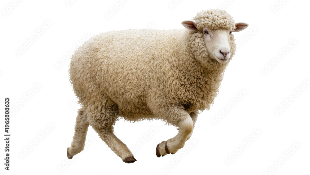 Fototapeta premium Fluffy woolly sheep with thick cream-colored fleece and a gentle expression running forward, isolated on transparent background