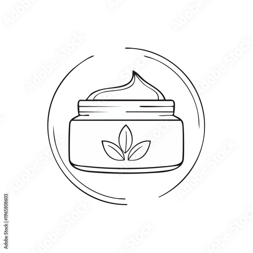 Stylized Outline Icon of a Glass Jar with Cream and Leaf Symbol