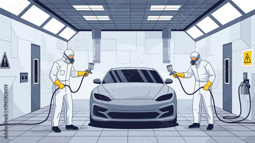 Two professional workers in white protective suits and masks spray painting a modern car inside a high tech industrial workshop.