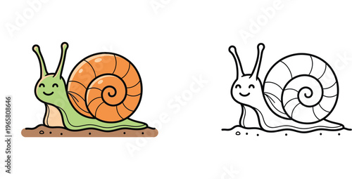 Cute Happy Snail Cartoon Character Coloring Page for Kids, Slow Mollusk Animal Illustration Vector with Shell and Smiling Face, Educational Art with Colored and Black Line Versions