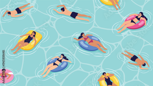 High angle view of many people swimming and relaxing on colorful inflatable rings in a bright blue crystal clear swimming pool.