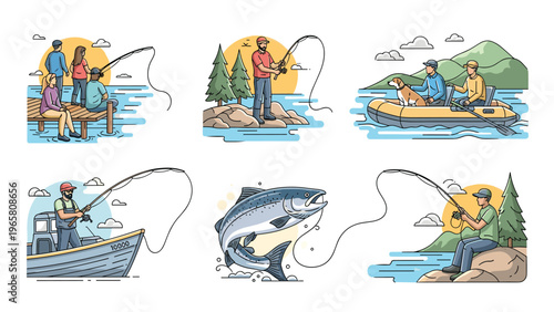 Various scenes of people fishing from piers boats and shores during different times of day showcasing a relaxing outdoor hobby.