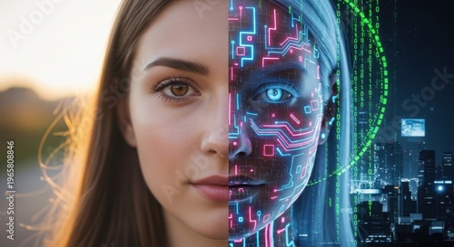 Humanity and Technology: A captivating portrait of a woman, seamlessly split to reveal both her natural human side and a technologically enhanced cybernetic aspect.