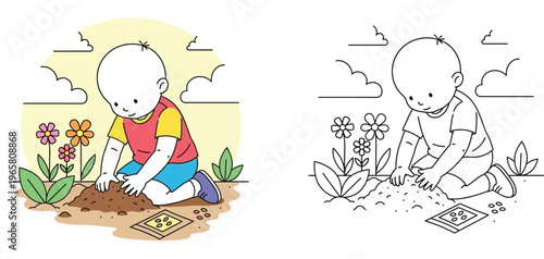 Boy Planting Seeds in Garden Coloring Page for Kids, Cute Young Gardener Illustration Vector with Seed Packets and Flowers, Educational Activity Set with Colored and Line Art Version