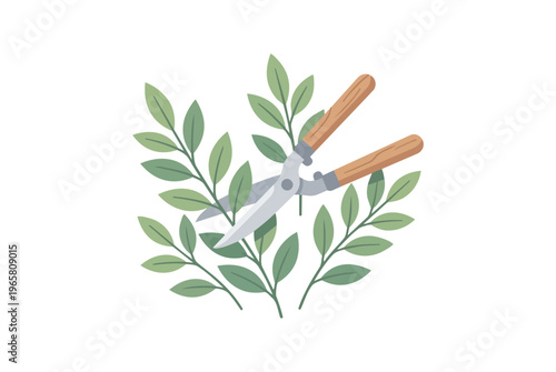 Minimal flat illustration of pruning shears cutting green leaves on a light background clean composition soft colors modern botanical gardening concept