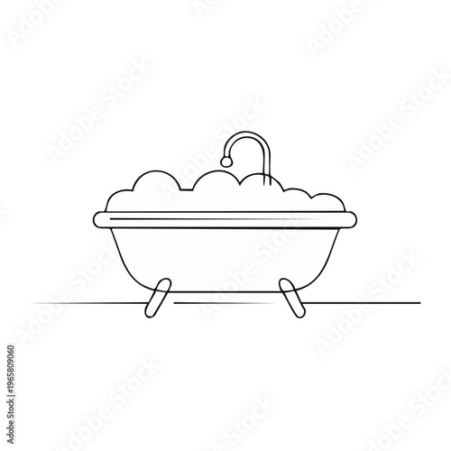 Simple outline illustration of a clawfoot bathtub filled with bubbles and a faucet