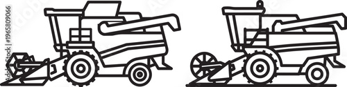 Combine Harvester Line Art Icons, Agricultural Machine Illustration for Farming and Harvesting, Food Production