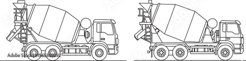 Cement Mixer Truck Line Art Illustrations with Concrete Mixer with Construction Vehicle with Heavy Equipment with Black And White