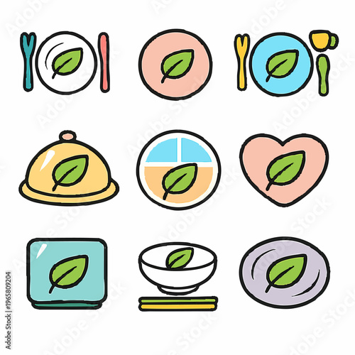 Colorful flat illustration of various vegan restaurant tableware icons