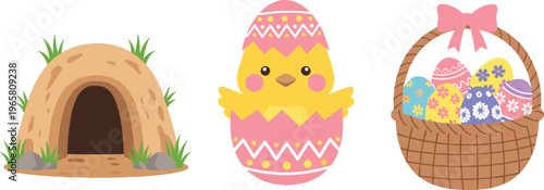 Easter Elements Set with Cute Chick Egg Basket and Bunny Hole Spring Holiday Cartoon Vector Illustration Collection