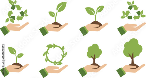 Eco Friendly Environment Concept with Hands Holding Plants Trees Recycling Symbol Sustainable Growth Nature Protection Vector Illustration Set