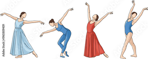 Graceful Female Ballet Dancers Set Performing Elegant Dance Poses in Flowing Dresses and Leotards Artistic Vector Illustration Collection