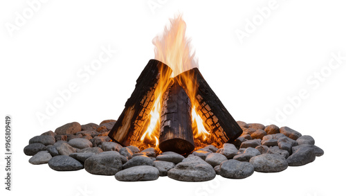 Fényképezés Bright campfire with three logs and grey stones isolated on transparent backgrou