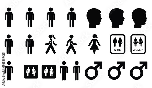male silhouette icon set, user profile and standing man symbols collection, human avatar icons, people identification concept, minimal clean vector illustration design.