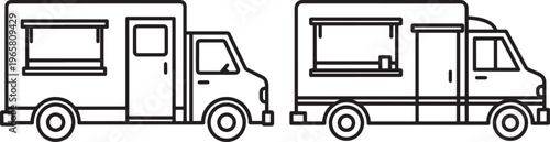 Modern Food Truck Icon Set: Mobile Kitchen Vehicles for Street Food Vending, Catering Services, and Outdoor Events, Line Art, Pop Up, Fast Food