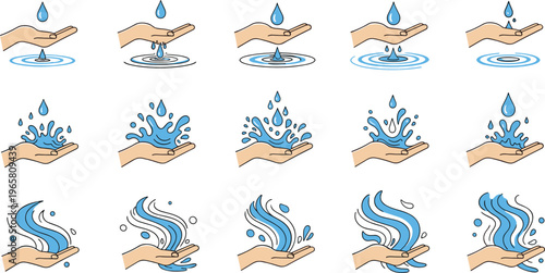 Hand Washing Steps Illustration with Water Splash Sequence Hygiene Cleaning Process Set Health Care Vector Illustration Collection