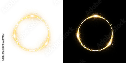 Elegant glowing golden light ring frame featuring subtle magical sparkles and a brilliantly shiny circular border, completely isolated on a transparent background.