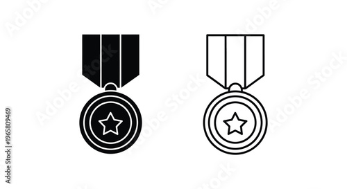 Military medal icon set with star detail, black solid and outline award symbols, achievement and honor badges for web and graphic design
