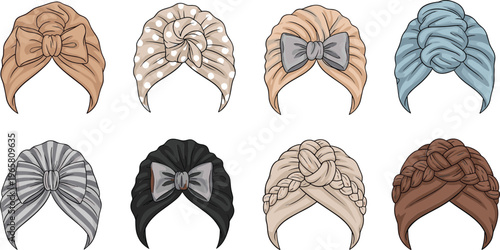 Stylish Turban Headwrap Collection with Knotted Designs Fashion Hair Accessories Set Elegant Fabric Headwear Vector Illustration