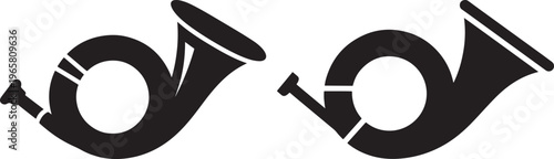 Classic Post Horn and Bugle Black Silhouettes Vector Icons - Postal Service and Communication Musical Instrument Symbol with White Background with Design Element with Web Icon with App Icon
