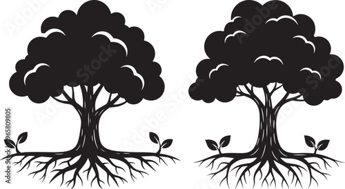 Stylized Tree Silhouettes with Exposed Roots and Saplings: Vector Illustration Representing Nature, Growth, and Environmental Concepts, White Background