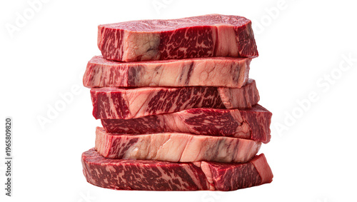 Fresh prime cut raw beef steaks perfectly stacked with visible marbling and vibrant red color, isolated on transparent background for butcher shop menus