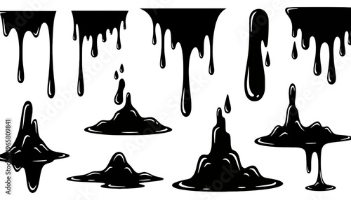 Ink splash vector illustration set with black ink drops and puddles