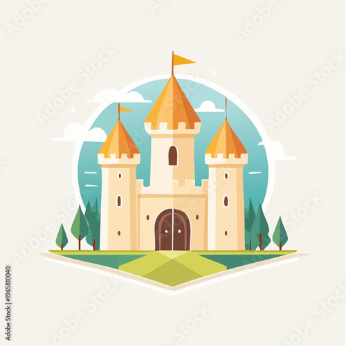Vector illustration of a fantasy castle with flags, surrounded by trees and landscape