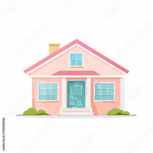 Charming pink detached house with large windows and a bright blue door
