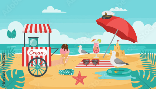 Ice cream cart illustration on a sunny beach with seagulls and umbrella